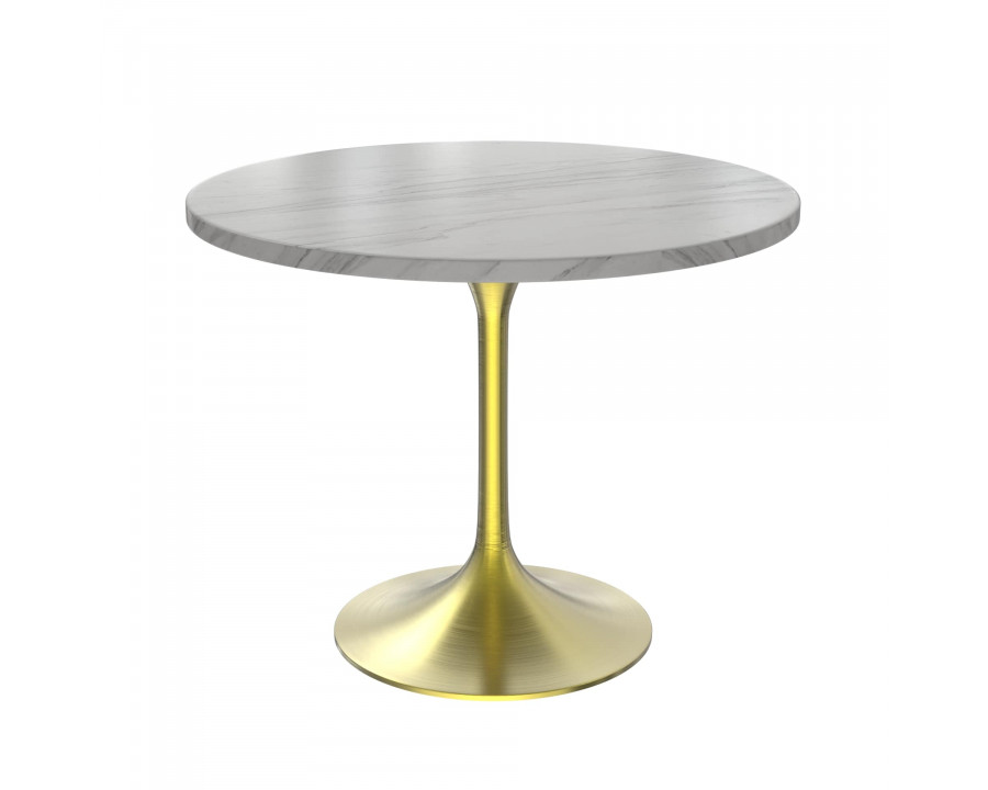 LeisureMod Verve Modern 36" Round Dining Table with Stone Top and Brushed Gold Pedestal Base - White