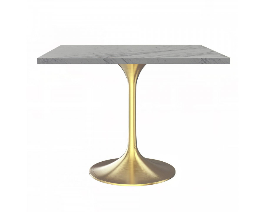 LeisureMod Verve Modern 36" Square Dining Table with Resin Top and Brushed Gold Steel Base - White