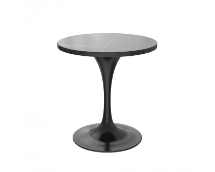 LeisureMod Verve Modern 27" Round Dining Table with Sintered Stone Top and Black Steel Pedestal Base