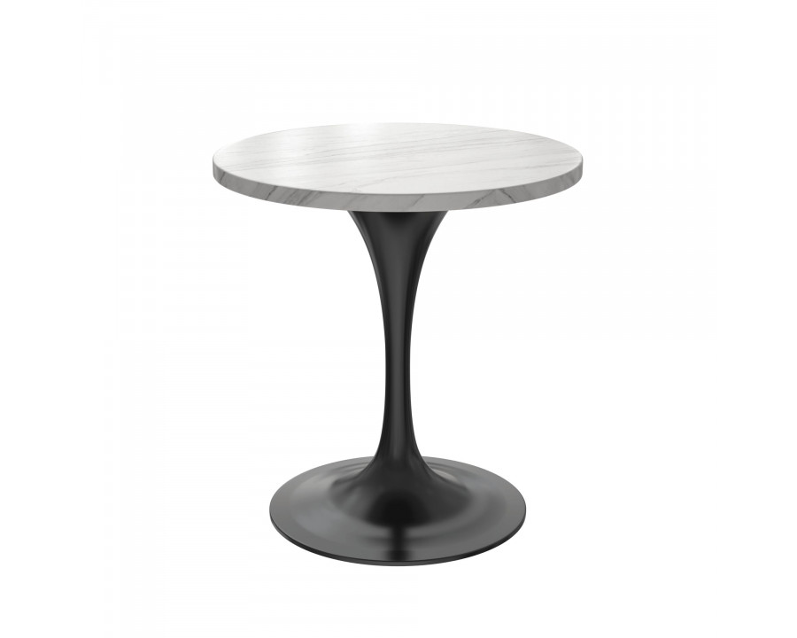 LeisureMod Verve Modern 27" Round Dining Table with Sintered Stone Top and Black Steel Pedestal Base - White