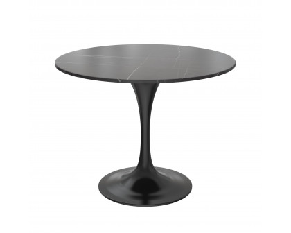 LeisureMod Verve Modern 27" Round Dining Table with Sintered Stone Top and Black Steel Pedestal Base