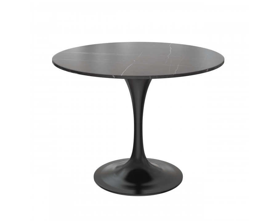 LeisureMod Verve Modern 36" Round Dining Table with Sintered Stone Top and Black Steel Pedestal Base - Black