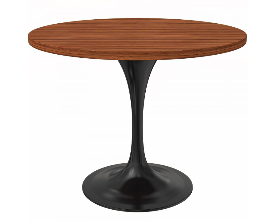 LeisureMod Verve Modern 36" Round Dining Table with MDF Top and Black Steel Pedestal Base - Cognac Brown