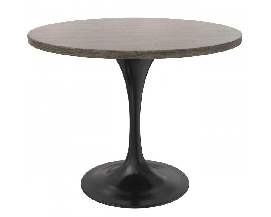 LeisureMod Verve Modern 36" Round Dining Table with MDF Top and Black Steel Pedestal Base - Dark Maple