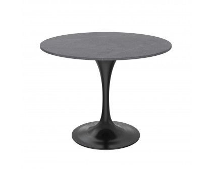 LeisureMod Verve Modern 27" Round Dining Table with Sintered Stone Top and Black Steel Pedestal Base