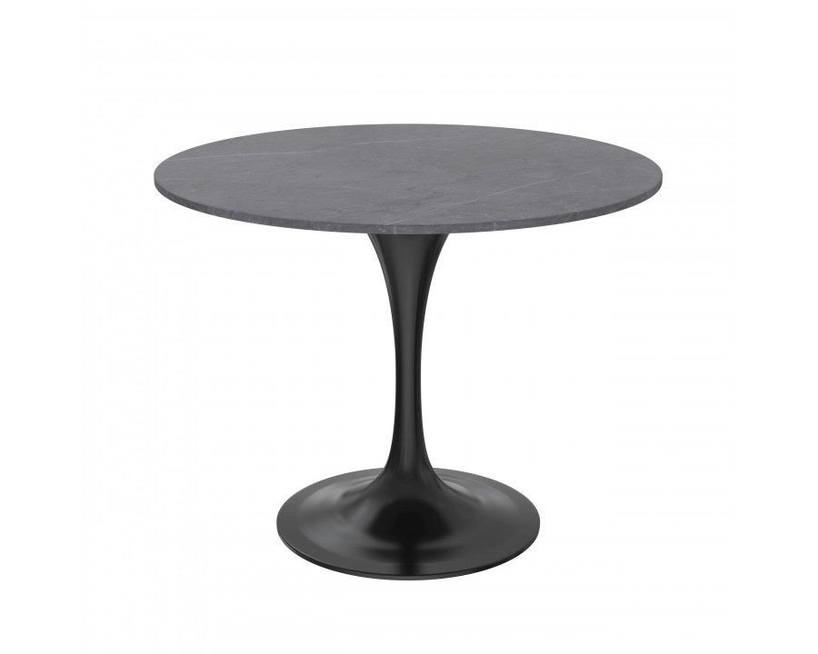 LeisureMod Verve Modern 36" Round Dining Table with Sintered Stone Top and Black Steel Pedestal Base - Gray