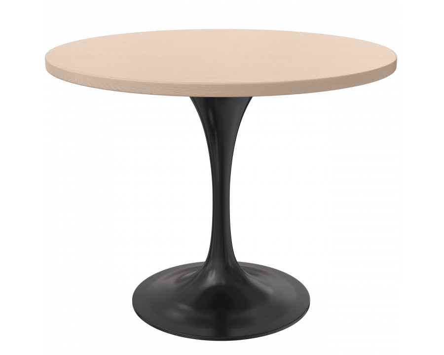 LeisureMod Verve Modern 36" Round Dining Table with MDF Top and Black Steel Pedestal Base - Light Natural Wood