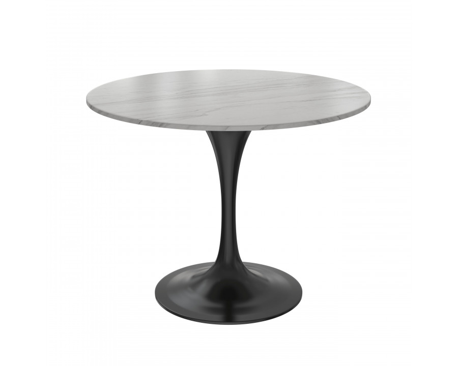 LeisureMod Verve Modern 36" Round Dining Table with Sintered Stone Top and Black Steel Pedestal Base - White