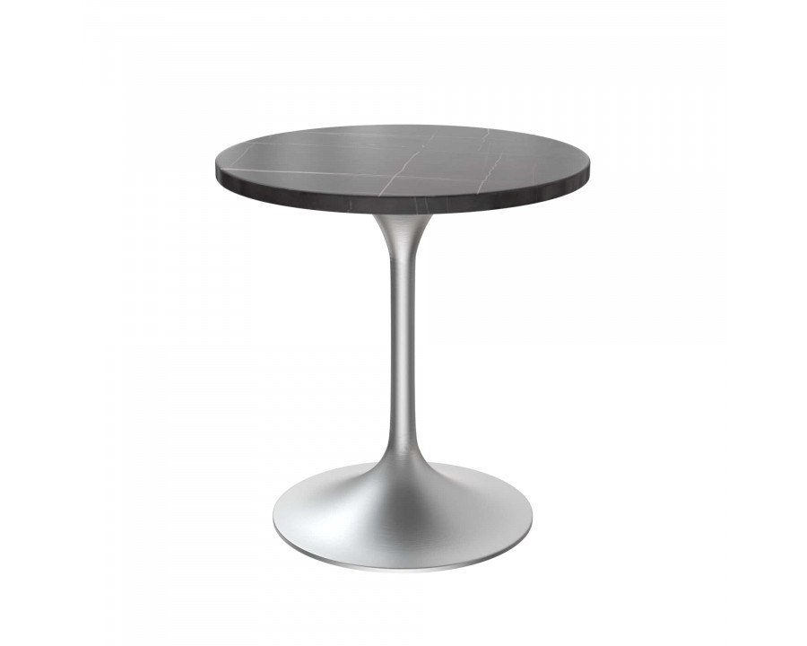 LeisureMod Verve Modern 27" Round Dining Table with Stone Top and Brushed Chrome Pedestal Base - Black