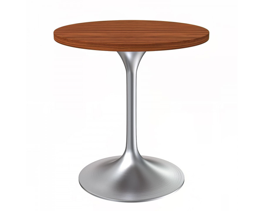 LeisureMod Verve Modern 27" Round Dining Table with MDF Top and Brushed Chrome Pedestal Base - Cognac Brown