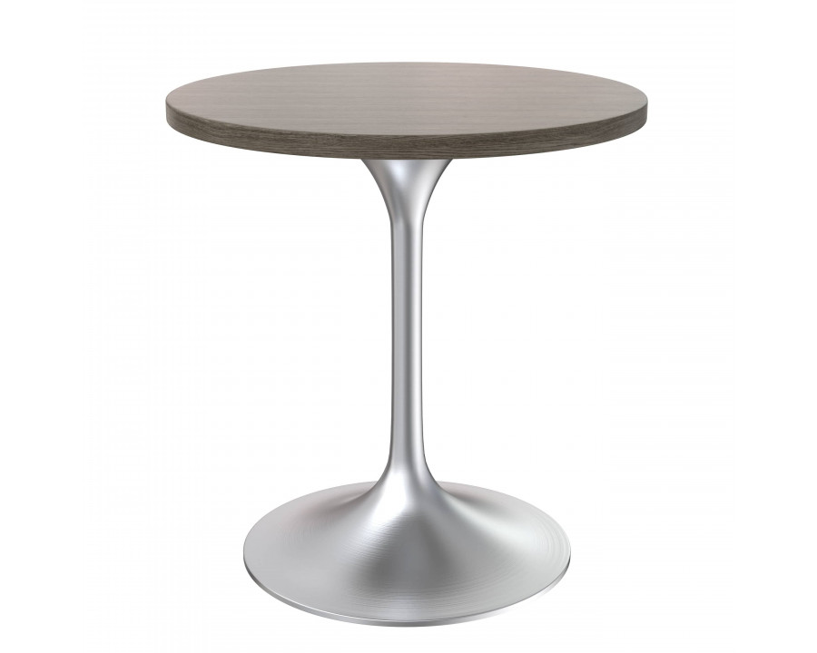 LeisureMod Verve Modern 27" Round Dining Table with MDF Top and Brushed Chrome Pedestal Base - Dark Maple