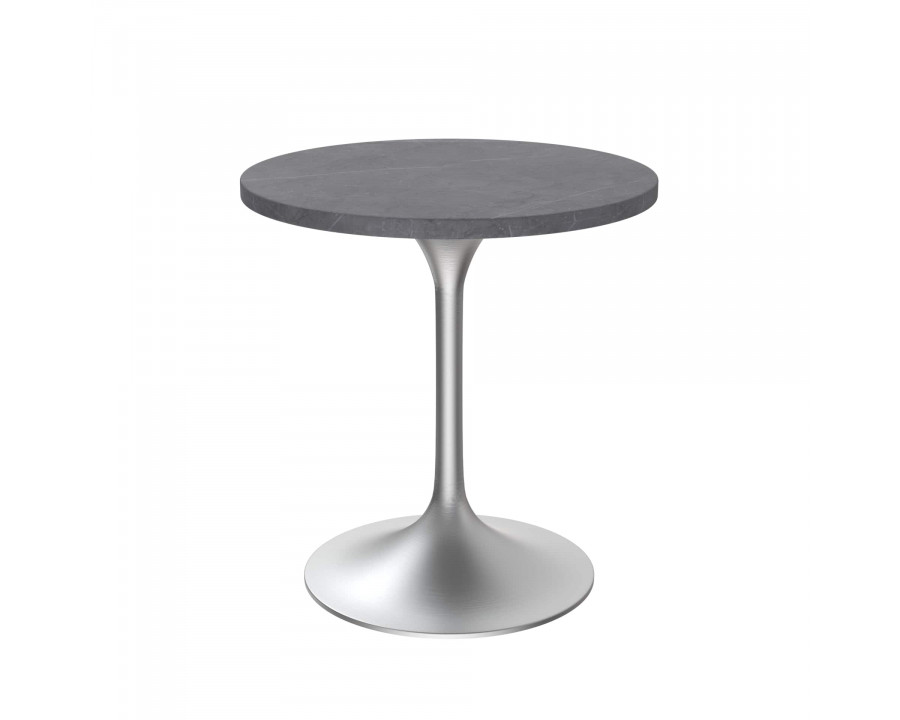 LeisureMod Verve Modern 27" Round Dining Table with Stone Top and Brushed Chrome Pedestal Base - Gray