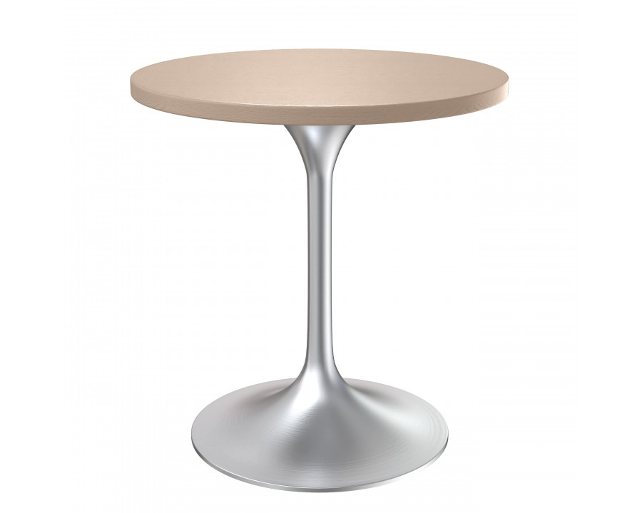 LeisureMod Verve Modern 27" Round Dining Table with MDF Top and Brushed Chrome Pedestal Base - Light Natural Wood