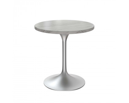 LeisureMod Verve Modern 27" Round Dining Table with Stone Top and Brushed Chrome Pedestal Base