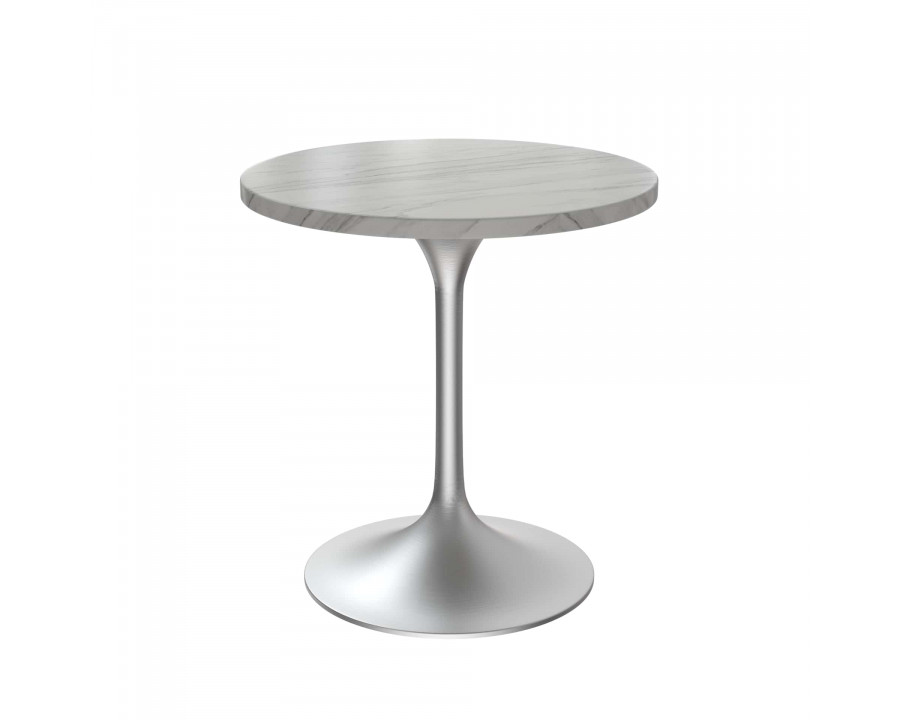 LeisureMod Verve Modern 27" Round Dining Table with Stone Top and Brushed Chrome Pedestal Base - White