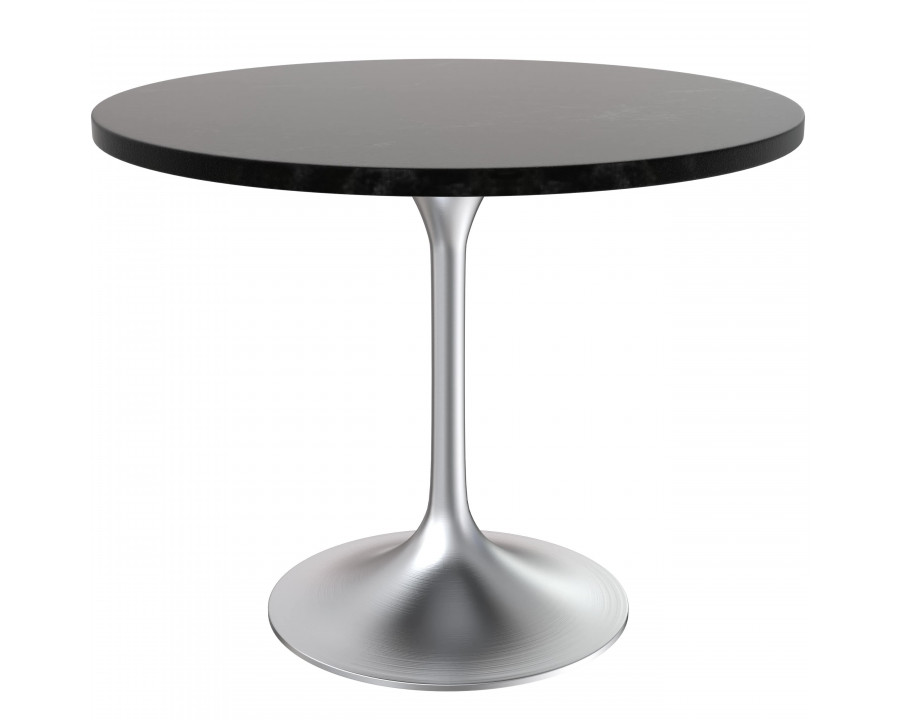 LeisureMod Verve Modern 36" Round Dining Table with MDF Top and Brushed Chrome Pedestal Base - Black