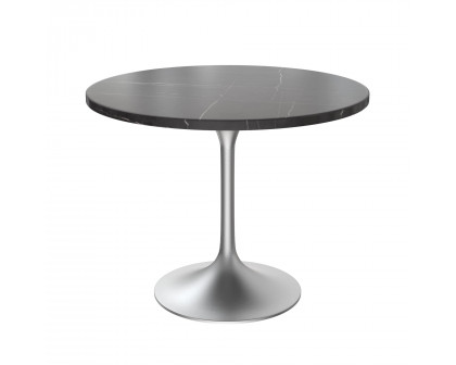 LeisureMod Verve Modern 36" Round Dining Table with Stone Top and White Steel Pedestal Base