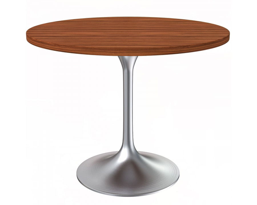 LeisureMod Verve Modern 36" Round Dining Table with MDF Top and Brushed Chrome Pedestal Base - Cognac Brown