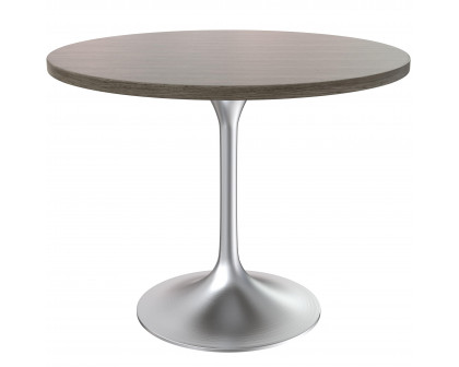 LeisureMod Verve Modern 27" Round Dining Table with MDF Top and Brushed Chrome Pedestal Base