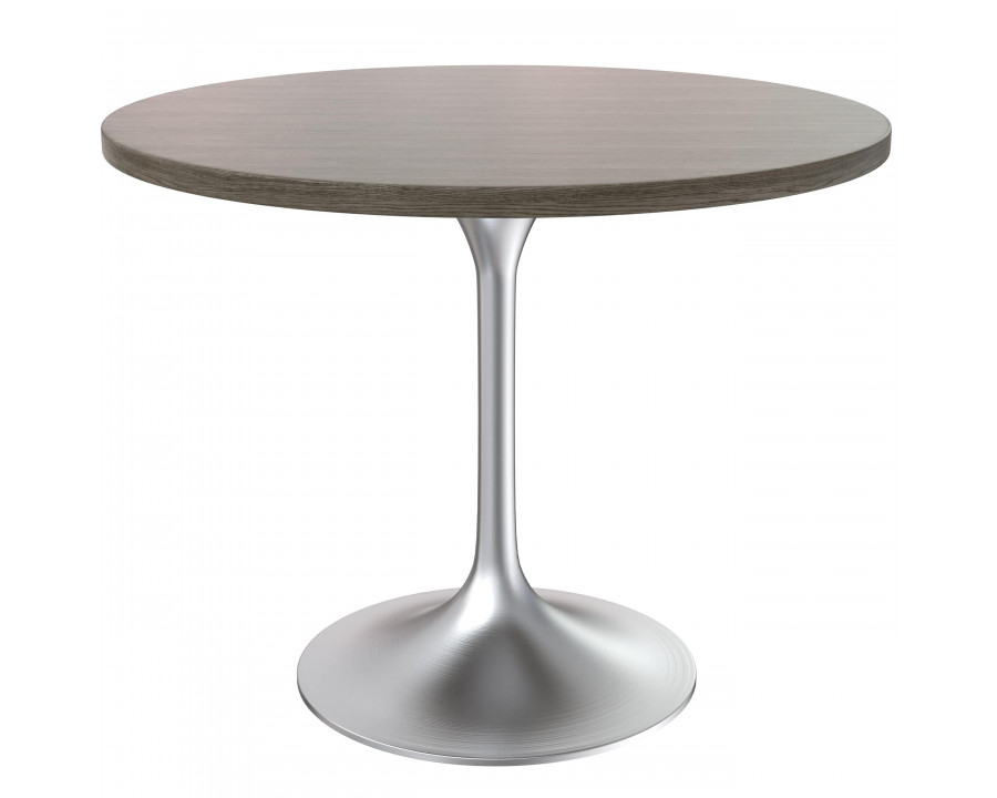 LeisureMod Verve Modern 36" Round Dining Table with MDF Top and Brushed Chrome Pedestal Base - Dark Maple