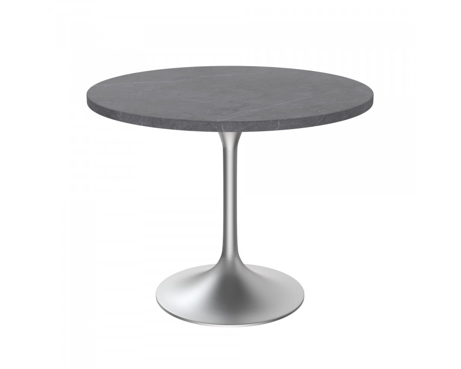 LeisureMod Verve Modern 36" Round Dining Table with Stone Top and Brushed Chrome Pedestal Base - Gray