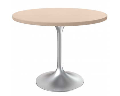 LeisureMod Verve Modern 27" Round Dining Table with MDF Top and Brushed Chrome Pedestal Base