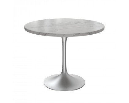 LeisureMod Verve Modern 36" Round Dining Table with Stone Top and White Steel Pedestal Base