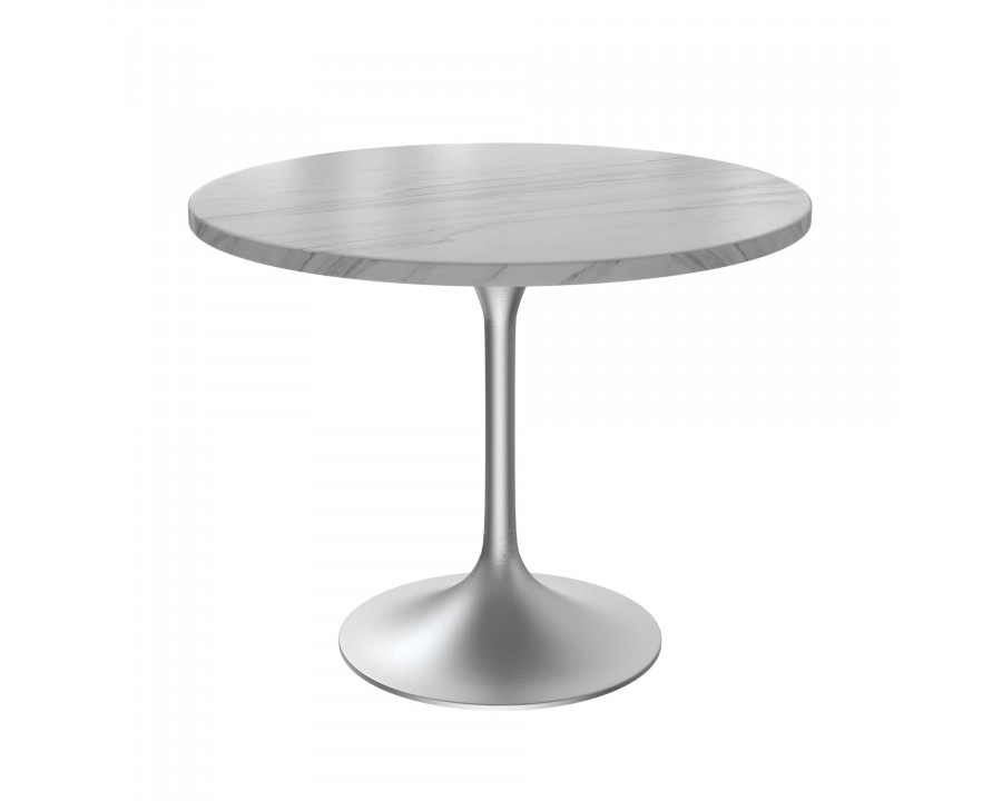 LeisureMod Verve Modern 36" Round Dining Table with Stone Top and Brushed Chrome Pedestal Base - White