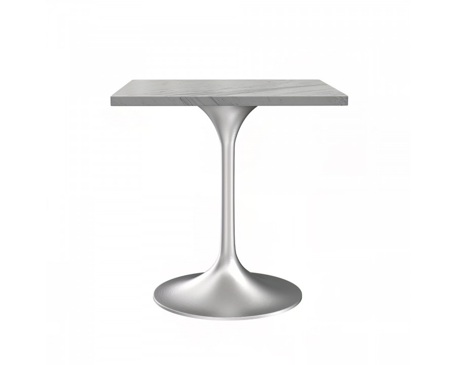 LeisureMod Verve Modern 27" Square Dining Table with Resin Top and Brushed Steel Base - White