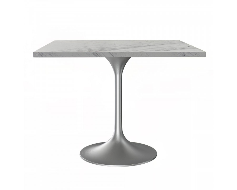 LeisureMod Verve Modern 36" Square Dining Table with Resin Top and Brushed Steel Base - White