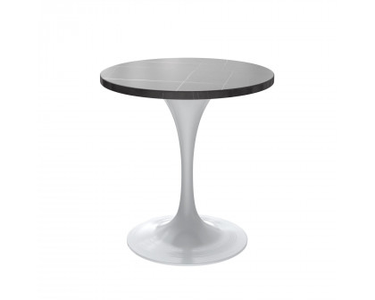 LeisureMod Verve Modern 27" Round Dining Table with Stone Top and Brushed Chrome Pedestal Base