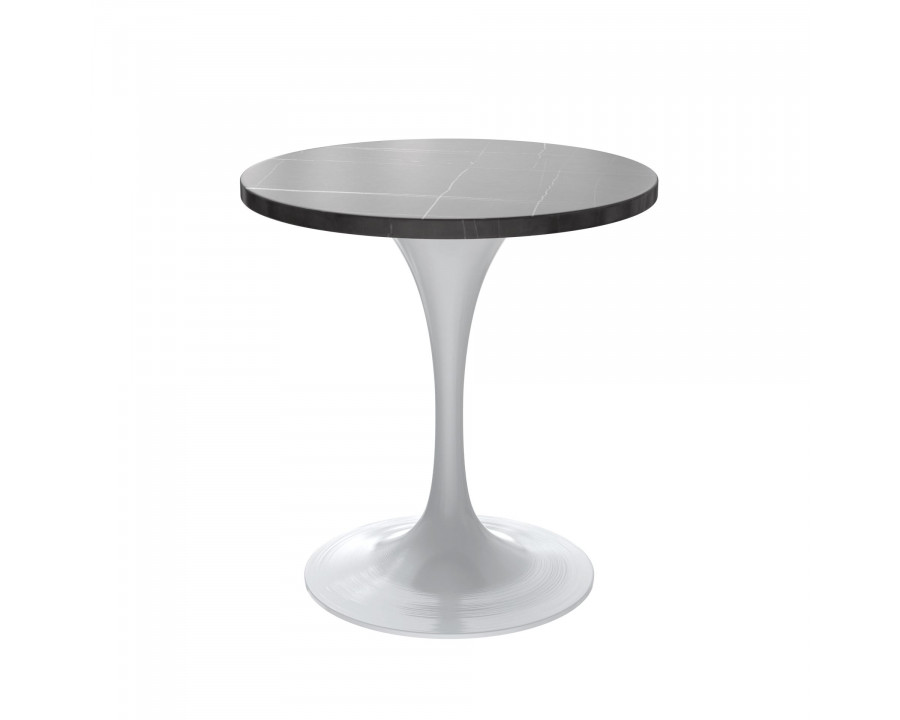 LeisureMod Verve Modern 27" Round Dining Table with Stone Top and White Steel Pedestal Base - Black