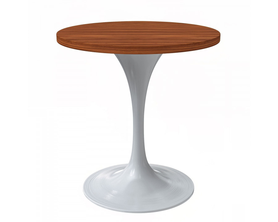 LeisureMod Verve Modern Round Dining Table with 27" MDF Tabletop and White Steel Pedestal Base - Cognac Brown