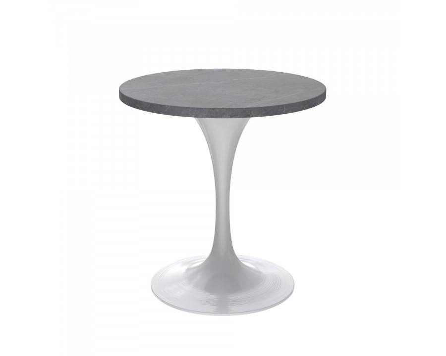 LeisureMod Verve Modern 27" Round Dining Table with Stone Top and White Steel Pedestal Base - Gray