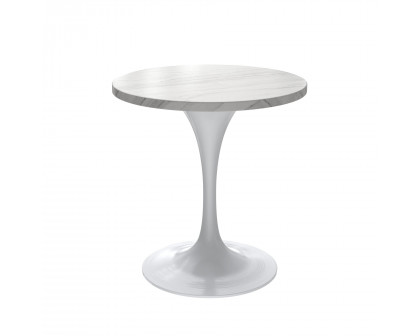 LeisureMod Verve Modern 27" Round Dining Table with Stone Top and Brushed Chrome Pedestal Base