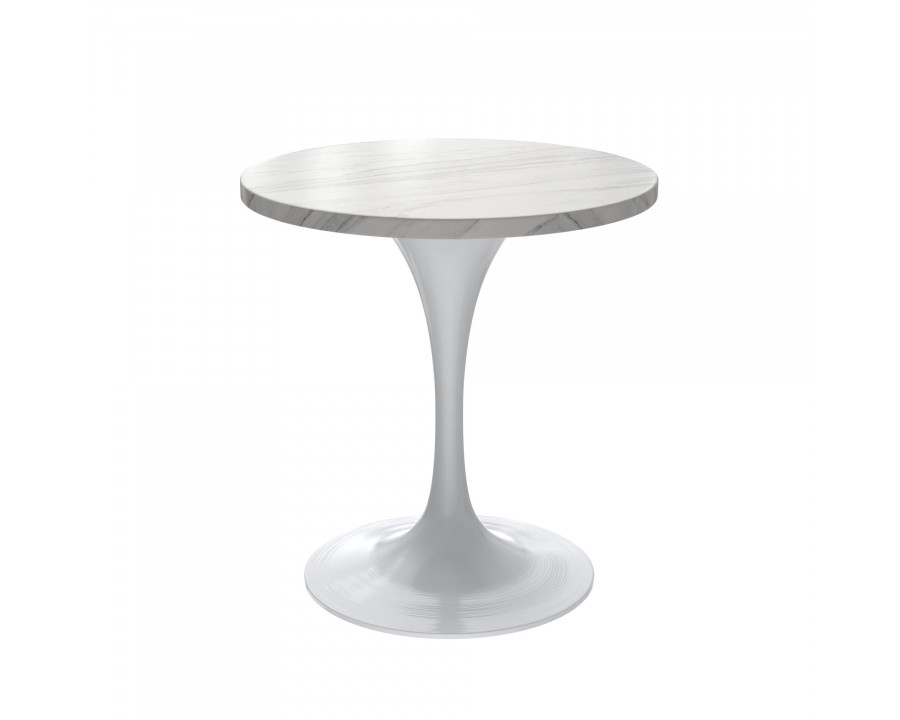 LeisureMod Verve Modern 27" Round Dining Table with Stone Top and White Steel Pedestal Base - White