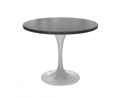 LeisureMod Verve Modern 36" Round Dining Table with Stone Top and White Steel Pedestal Base