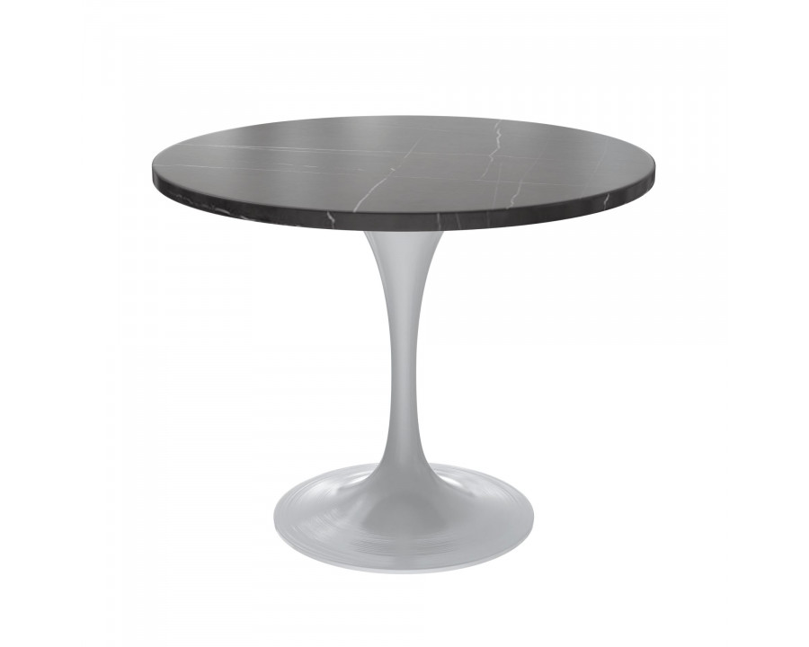 LeisureMod Verve Modern 36" Round Dining Table with Stone Top and White Steel Pedestal Base - Black