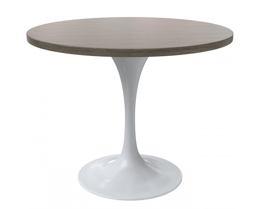 LeisureMod Verve Modern Round Dining Table with 36" MDF Tabletop and White Steel Pedestal Base - Dark Maple