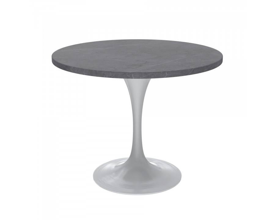 LeisureMod Verve Modern 36" Round Dining Table with Stone Top and White Steel Pedestal Base - Gray