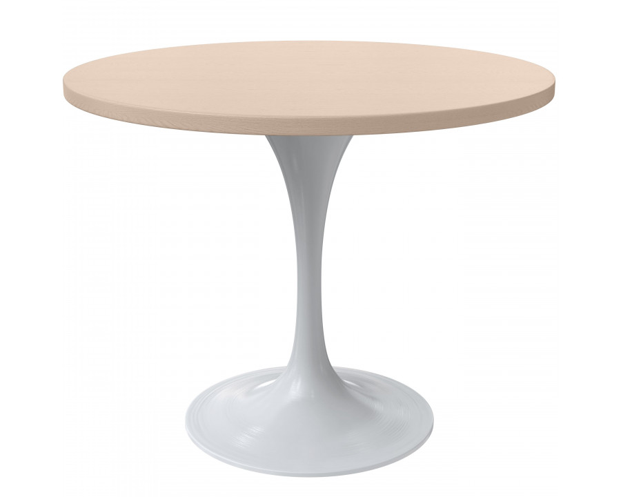 LeisureMod Verve Modern Round Dining Table with 36" MDF Tabletop and White Steel Pedestal Base - Light Natural Wood