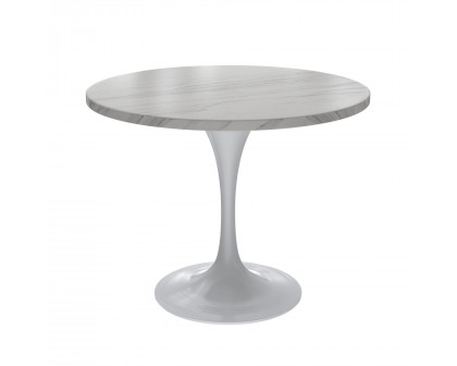 LeisureMod Verve Modern 36" Round Dining Table with Stone Top and White Steel Pedestal Base