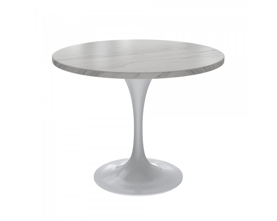 LeisureMod Verve Modern 36" Round Dining Table with Stone Top and White Steel Pedestal Base - White