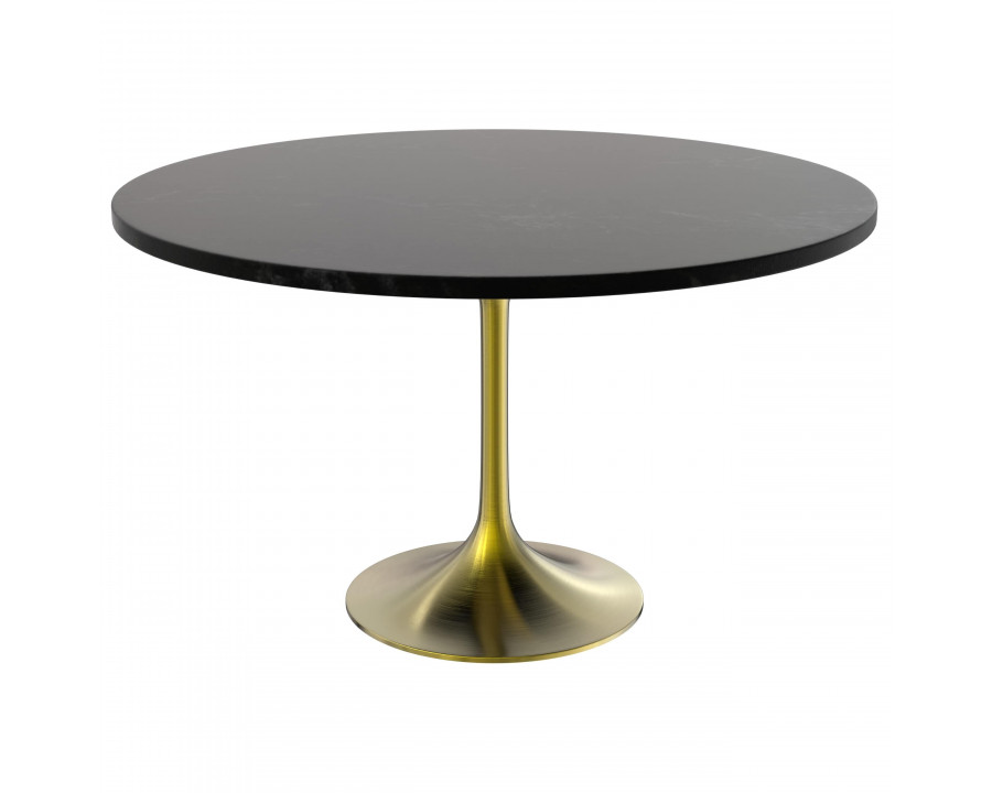 LeisureMod Verve Modern 48" Round Dining Table with MDF Top and Brushed Gold Pedestal Base - Black