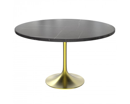 LeisureMod Verve Modern 48" Round Dining Table with Stone Top and Brushed Gold Pedestal Base