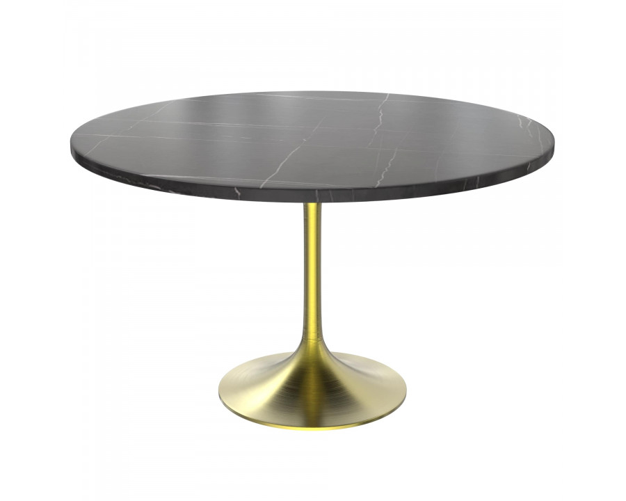 LeisureMod Verve Modern 48" Round Dining Table with Stone Top and Brushed Gold Pedestal Base - Black