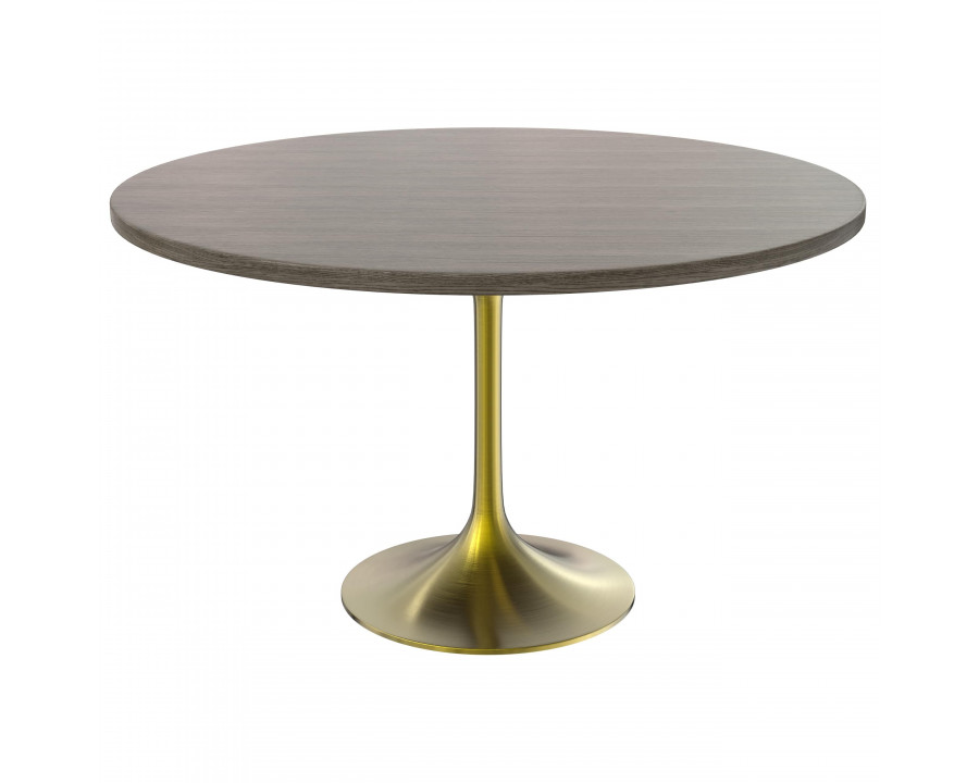 LeisureMod Verve Modern 48" Round Dining Table with MDF Top and Brushed Gold Pedestal Base - Dark Maple