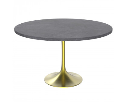 LeisureMod Verve Modern 48" Round Dining Table with Stone Top and Brushed Gold Pedestal Base