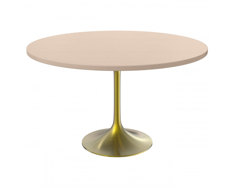 LeisureMod Verve Modern 48" Round Dining Table with MDF Top and Brushed Gold Pedestal Base - Light Natural Wood