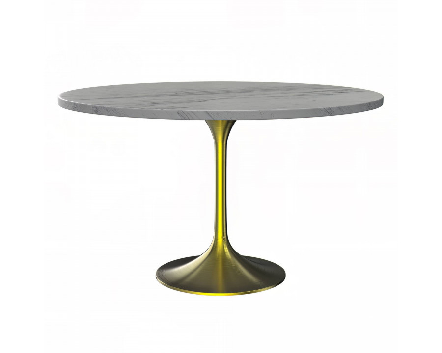 LeisureMod Verve Modern 48" Round Dining Table with Resin Top and Brushed Gold Steel Pedestal Base - White